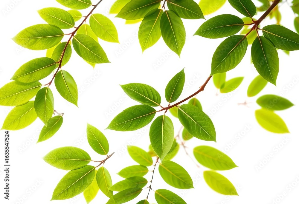 Fototapeta premium Fresh green birch branch with leaves forming a frame Top view, isolated on white, woodland, top view