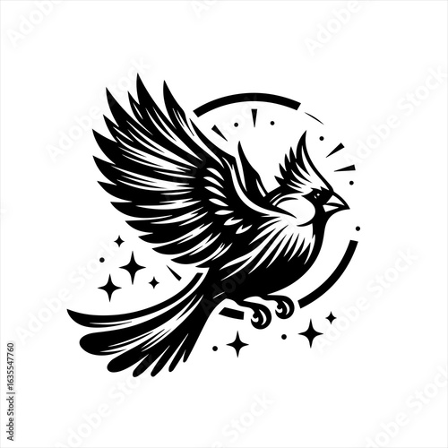 Stylized black and white cardinal bird in flight with celestial elements