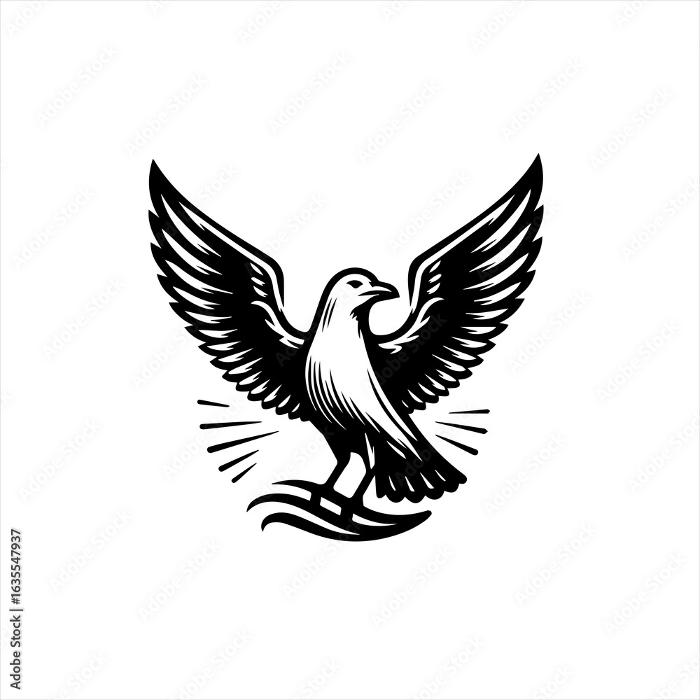 Obraz premium Stylized black and white eagle with outstretched wings landing on waves