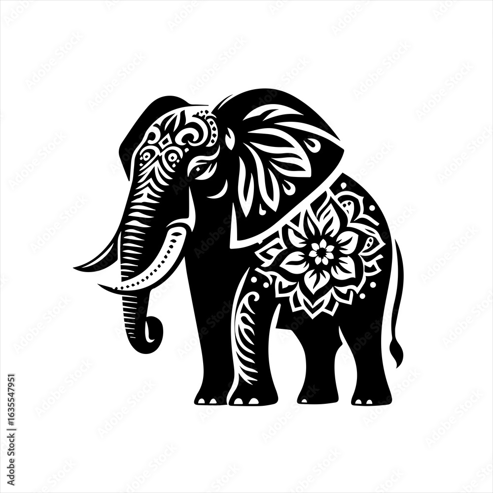 Fototapeta premium Black and white stylized elephant with ornate floral patterns