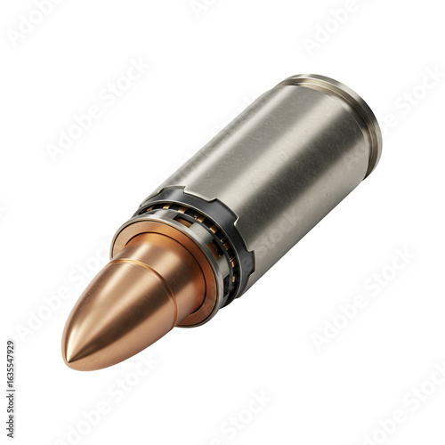 Realistic 3D Illustration of a Silver Bullet with Copper Tip against Transparent