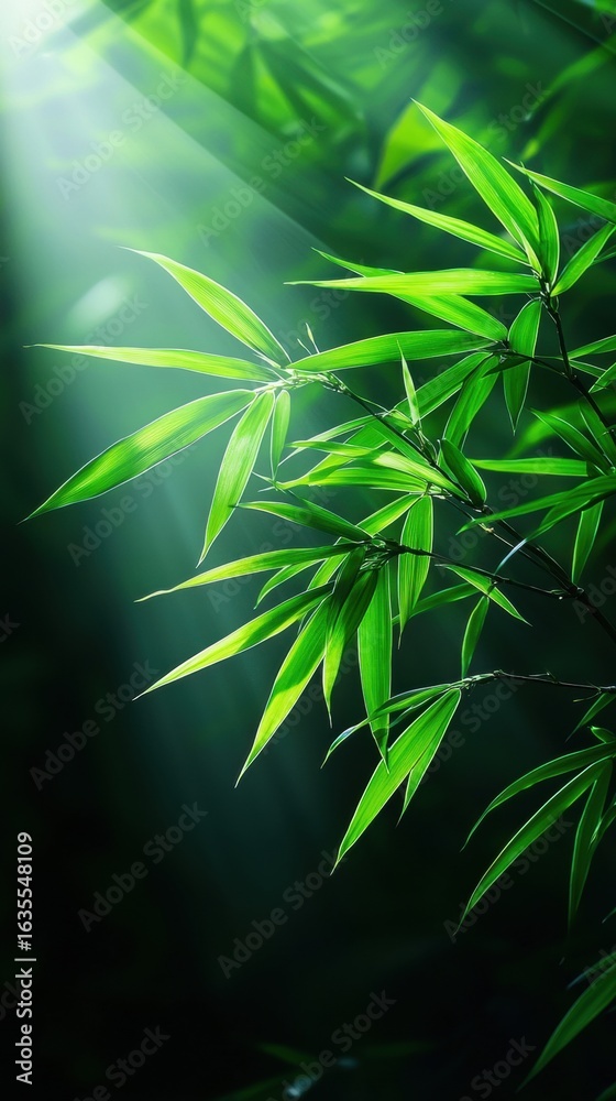 Naklejka premium Lush bamboo leaves illuminated by soft sunlight