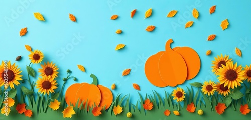 Paper cut orange pumpkins, sunflowers, grass & leaves on blue sky; autumn harvest scene,  design,  cutout