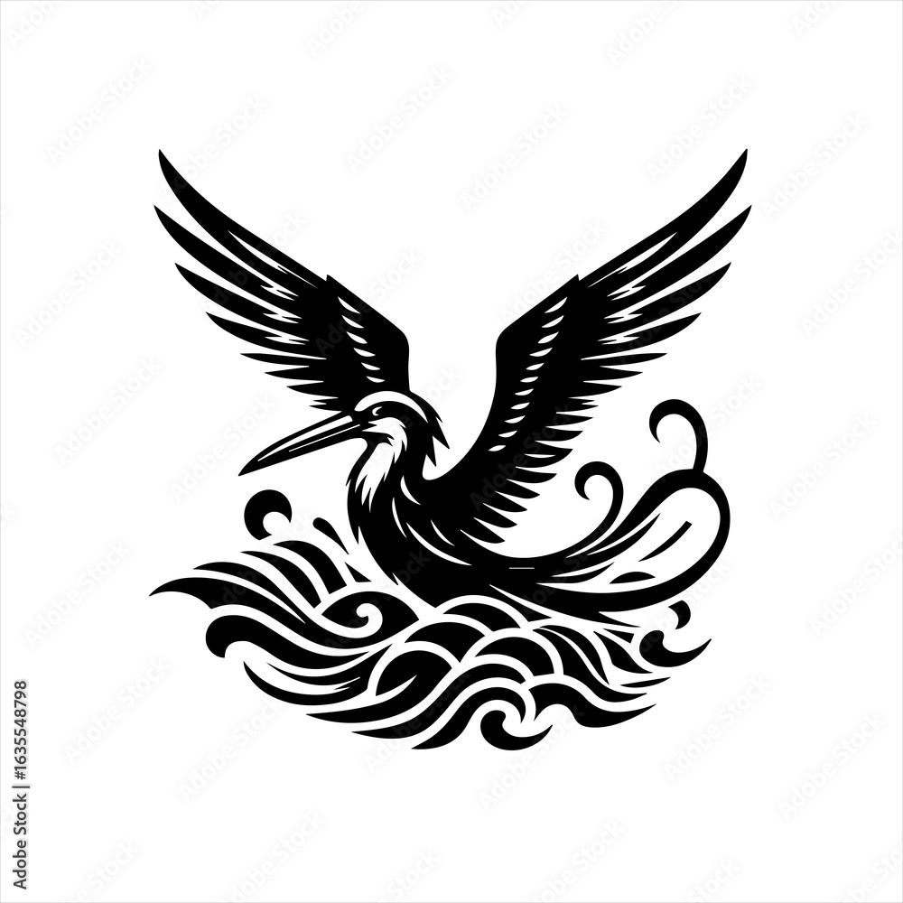 Fototapeta premium Stylized heron bird in flight over abstract waves