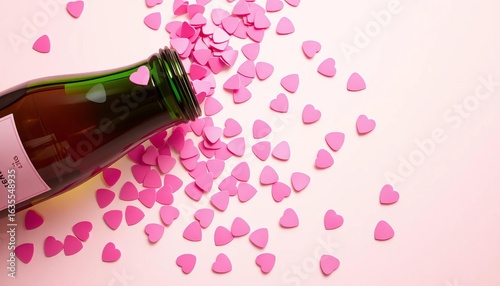 Pink heart confetti spills from champagne bottle onto pastel background ,  confetti,  pattern