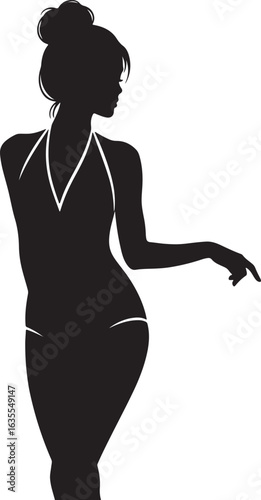 Black silhouette of a woman in a halter swimsuit with an updo, pointing elegantly