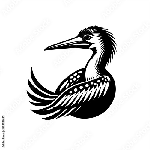 Stylized black and white illustration of a bird with a long beak