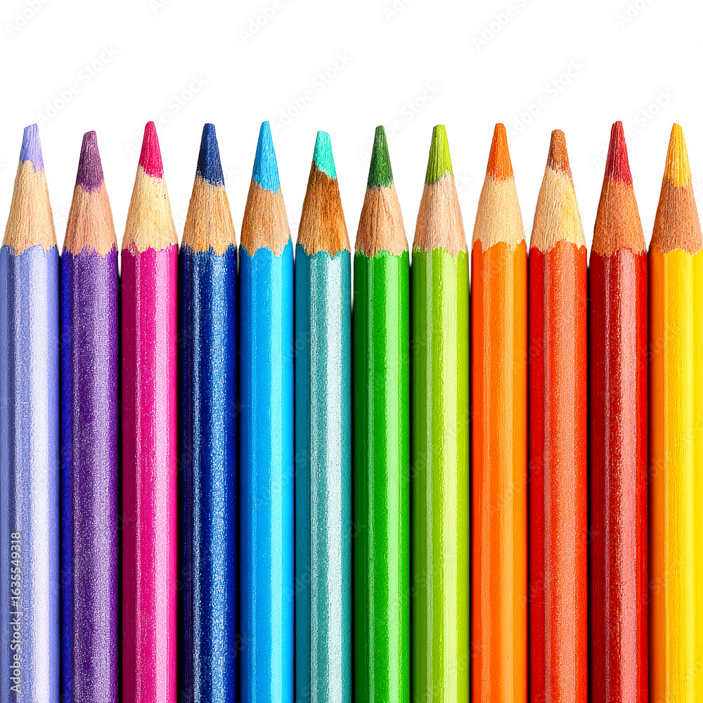 Colorful pencils arranged in a vibrant line Colorful pencils arranged in a vibrant line
