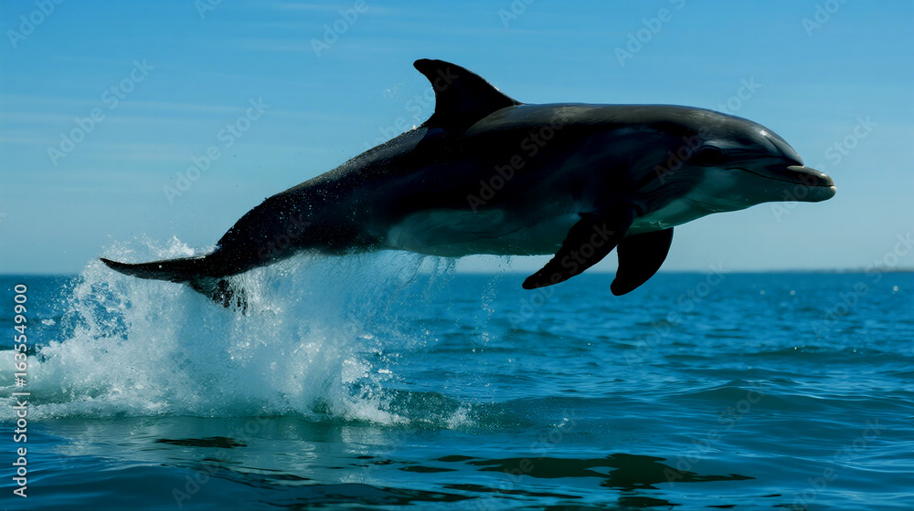Fototapeta premium Majestic Dolphin Leaping Gracefully From Ocean Waves During Sunny Day