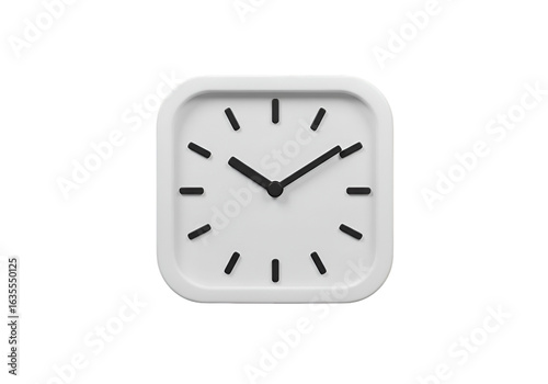 Isolated White Square Clock Illustration with Black Hands and Dial