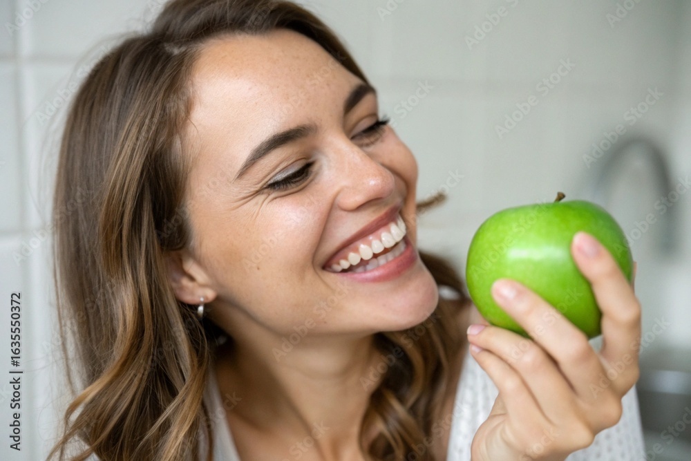 A woman is holding a green apple and smiling A woman is holding a green apple and smiling