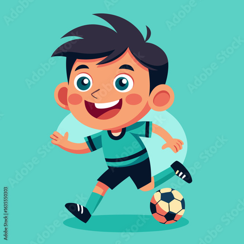Happy cartoon boy playing soccer