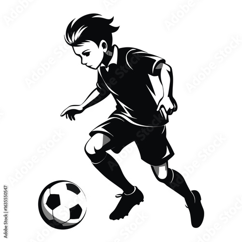 Dynamic silhouette of a young boy playing soccer