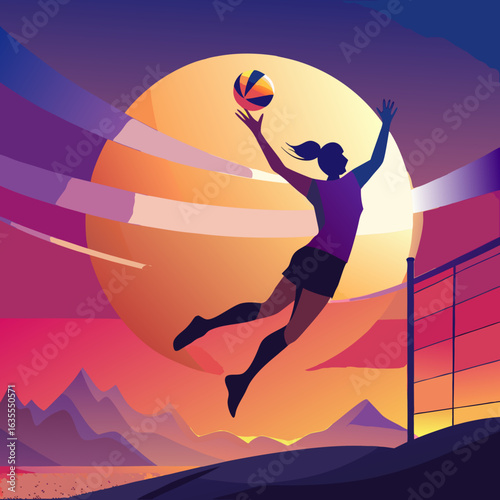 Volleyball player spiking ball during sunset