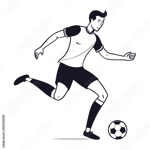 Soccer player kicking a ball in a minimalist line art style