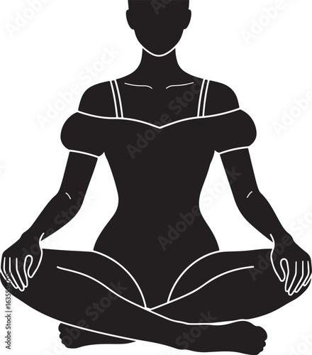 Minimalist black silhouette of a woman in an off-the-shoulder leotard, sitting in a serene cross-legged yoga pose