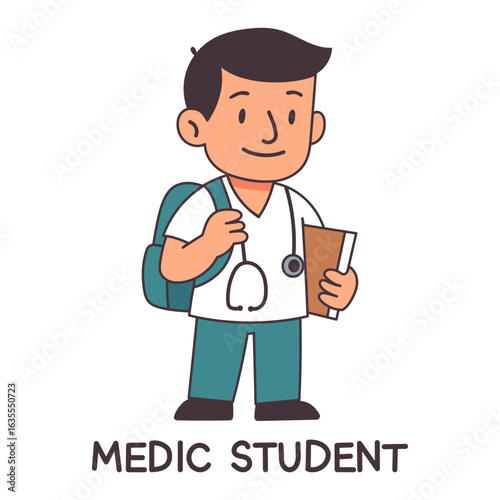 Cartoon medic student with stethoscope and book for healthcare, hospital and education by university study with backpack and uniform for clinic or nurse training. Vector illustration