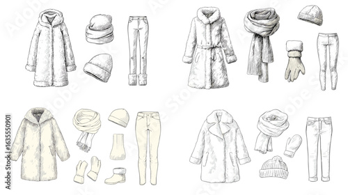 Minimalist winter fashion illustration featuring coats, scarves, hats, gloves, and pants in neutral tones. Perfect for apparel design, seasonal campaigns, or lifestyle fashion collections.