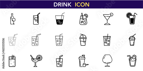 Drink Icons Beverage Symbols Cocktail Graphics Juice Glass Smoothie Cup Bar Menu Restaurant Cold Summer Tropical Fruit Iced Straw Citrus Party Celebration Happy Hour Nightlife Pub Lounge