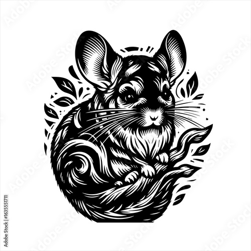 Artistic black and white chinchilla illustration with floral accents
