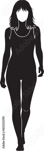 Stylized black silhouette of a faceless woman with shaggy hair walking in a one-piece swimsuit, featuring white line art details