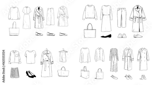 Minimalist fashion outfit illustration featuring coats, blouses, skirts, trousers, shoes, and handbags in monochrome line art. Perfect for apparel design, fashion branding, or wardrobe visuals.