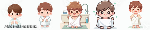 vector of a little boy wearing a towel after taking a shower