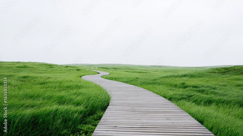 Obraz premium Winding wooden pathway through lush green grass landscape under a cloudy sky, inviting exploration and connection with nature's tranquility