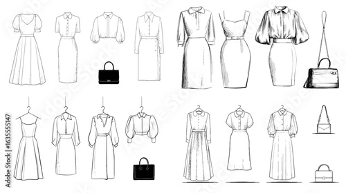 Minimalist fashion sketch of elegant dresses and handbags, perfect for women’s clothing design, formal wear, and fashion presentation concepts.