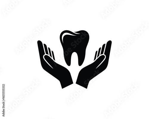  Dental Service Icon,  Solid Glyph of Hands with Tooth Symbolizing Health Care, Dentistry, and Teeth Protection