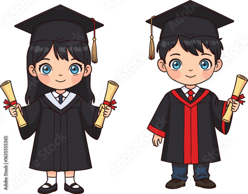 Cartoon boy and girl graduates, wearing academic caps and gowns, holding diplomas, cute children graduation illustration, education success, school ceremony celebration