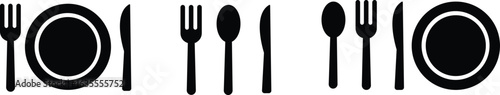 place setting cutlery knife, spoon and plate set icons of vector illustration.Vector silhouette illustration of a plate with knife and fork.Stylized fork and knife crossed icon on a minimalistic