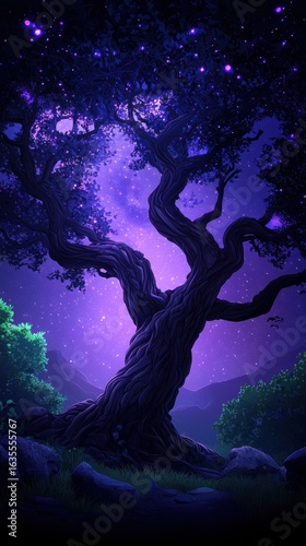 Enchanted tree under a starry night sky