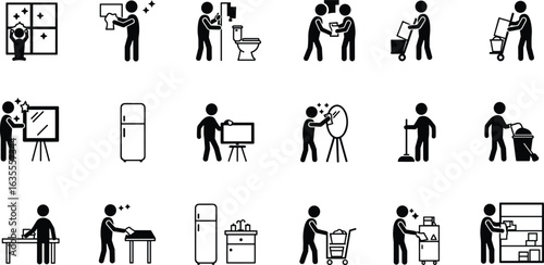 Cleaning service icons, housekeeping symbols, janitorial equipment, sanitation tools,