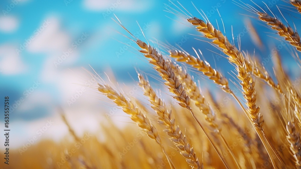 Fototapeta premium Golden wheat field under a bright blue sky