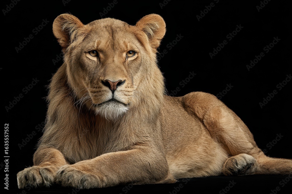 Obraz premium Black Lioness - Studio Shot of Majestic Female Predator Lying on Dark Background