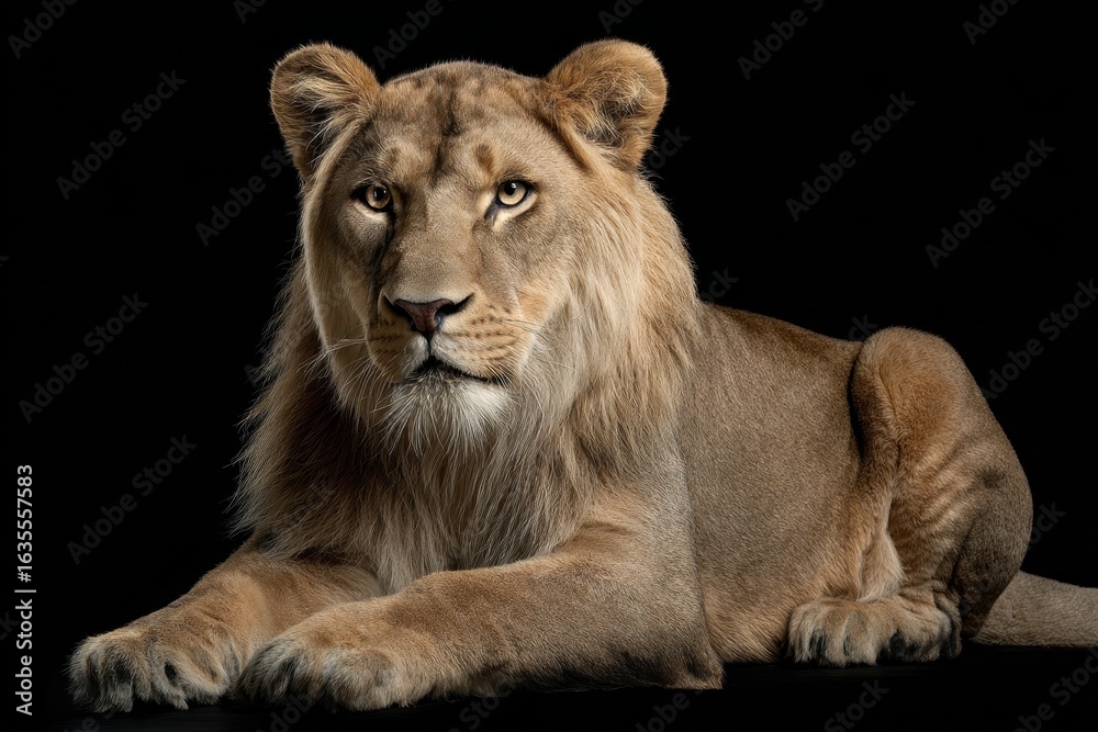 Obraz premium Black Lioness. Studio Shot of Male Lion Lying in Black Background, Majestic Predator of African Wildlife