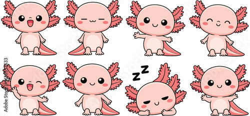 Cute cartoon axolotl character set, smiling amphibian, kawaii aquatic pet, funny expressions, baby axolotl collection, adorable salamander illustration