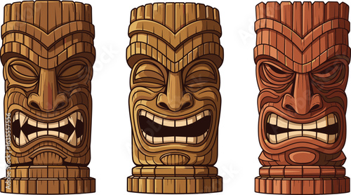 Cartoon tiki statues illustration, expressive wooden carvings with fierce, joyful, and angry faces, tribal decor vector, cultural clipart asset