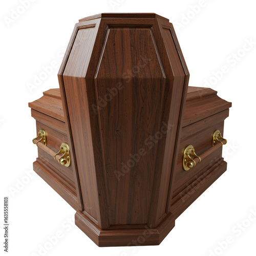 Realistic 3D Illustration of a Wooden Coffin with Golden Handles Isolated on Black Background