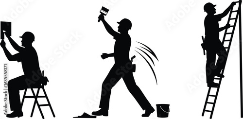 Construction worker silhouettes performing painting, plastering, ladder climbing