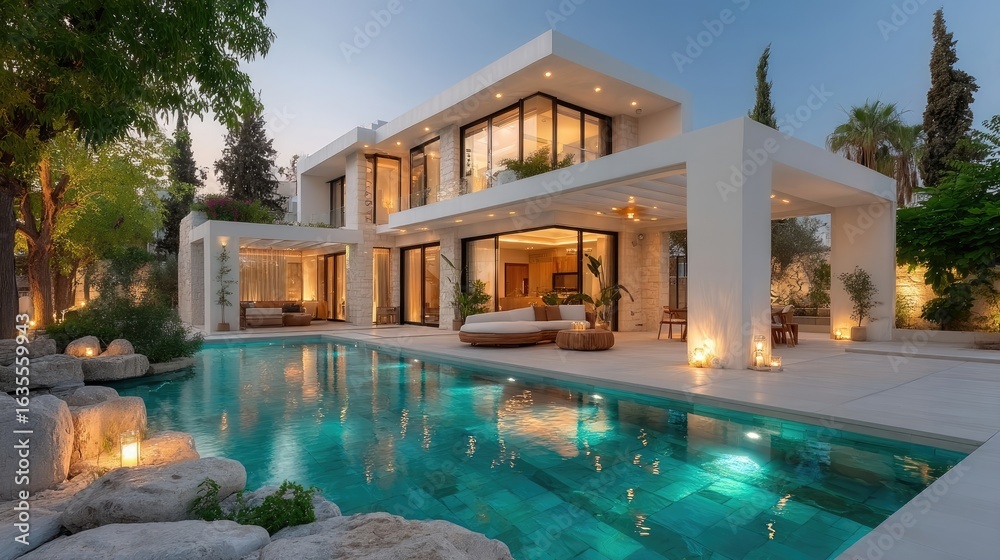 Fototapeta premium Modern villa by pool at twilight