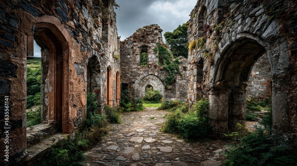 Fototapeta premium Historic ruins of a castle in Ireland amid lush greenery