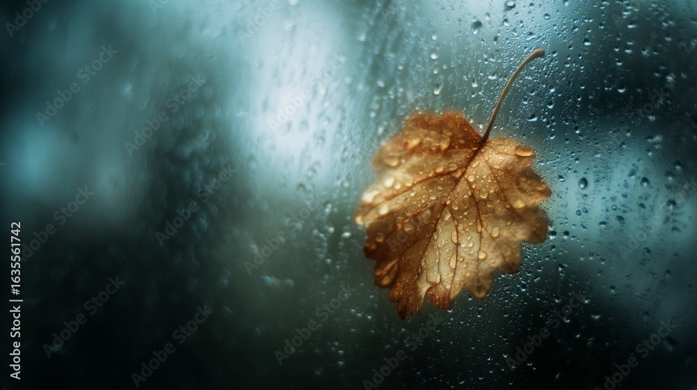 Obraz premium Single leaf on condensation-covered window