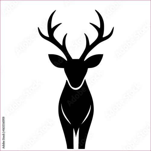 Silhouette of a majestic deer with prominent antlers, standing upright against a white background.