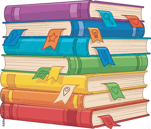 A colorful cartoon stack of hardcover books with various symbolic bookmarks