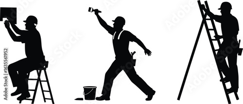 Silhouette construction workers performing various tasks, painting walls, climbing ladders, 