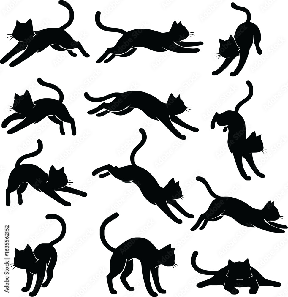 Naklejka premium A collection of black cat silhouettes in various dynamic poses, including running, jumping, stretching, and playing.