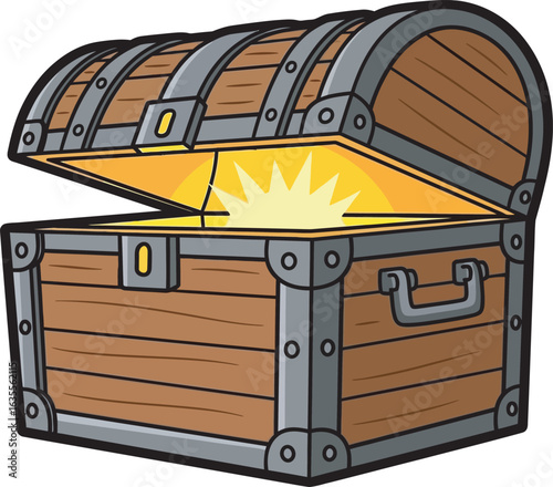 Cartoon wooden treasure chest with metal straps, open and emitting a bright golden glow