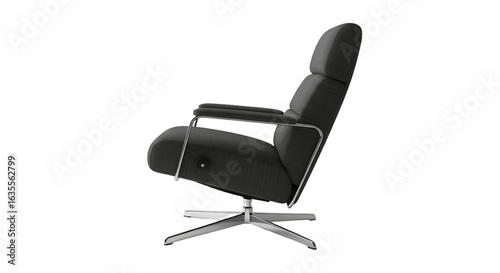 Modern Black Recliner Chair Side View With Silver Metallic Accents Isolated